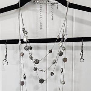 Silver Multi-Layer Beade Necklace Set with Earring Includes 2 Necklaces Y2K
